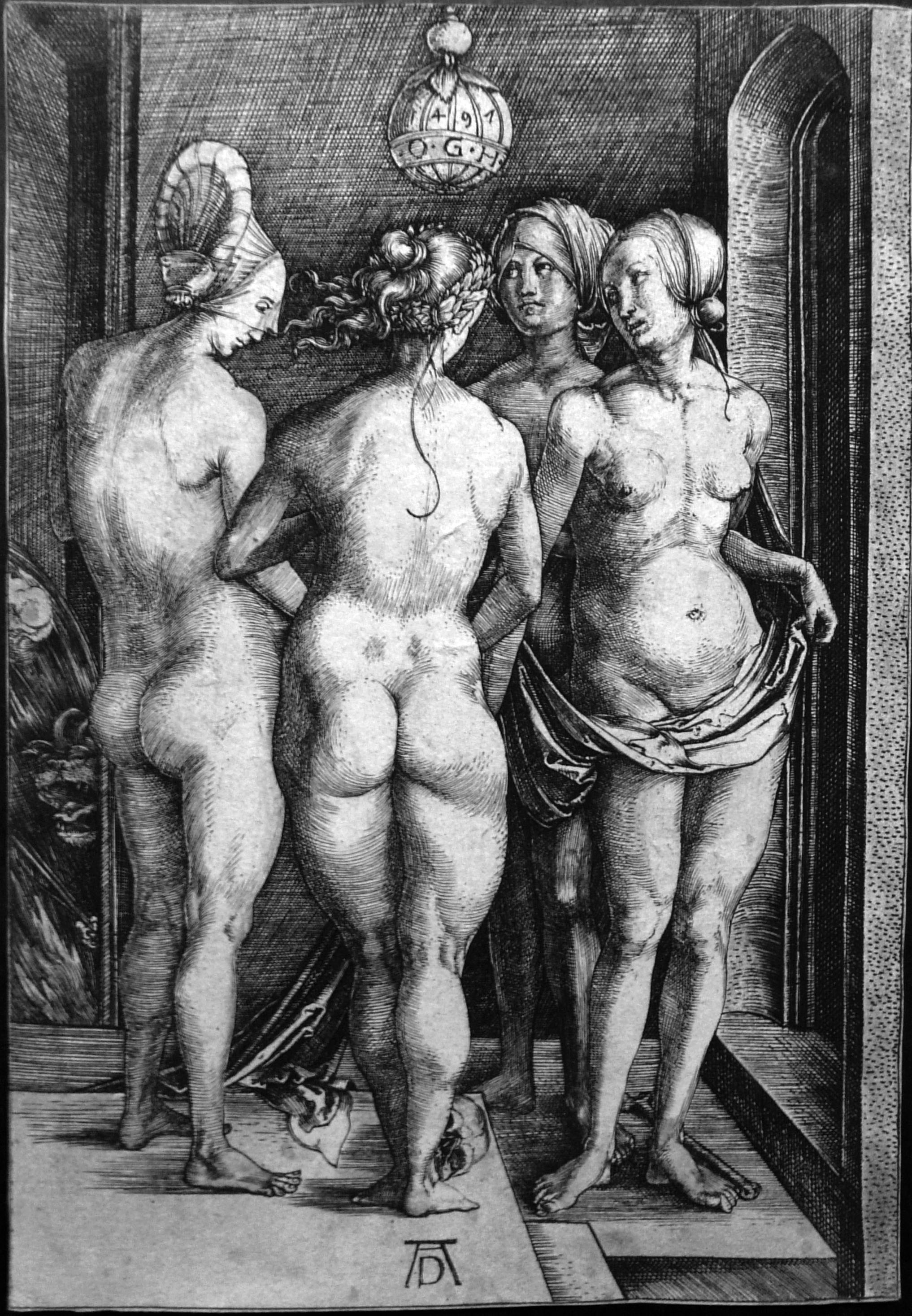 Albrecht Dürer, Quattro Streghe, bulino, 19 x 13 cm, 1497, Pinacoteca Tosio Martinego, Brescia.