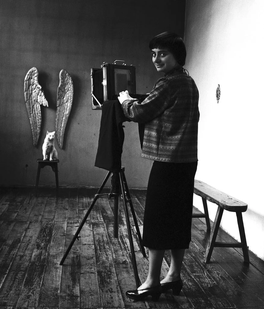 La fotografa, artista e regista Agnès Varda, intenta a realizzare un simpatico scatto di un gattino alato.
