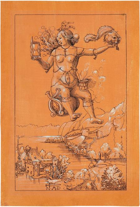 Niklaus Manuel, Strega recante il teschio, disegno a penna con lumeggiature bianche su carta preparata giallo ocra, 1513, circa, Kunstmuseum, Basilea.