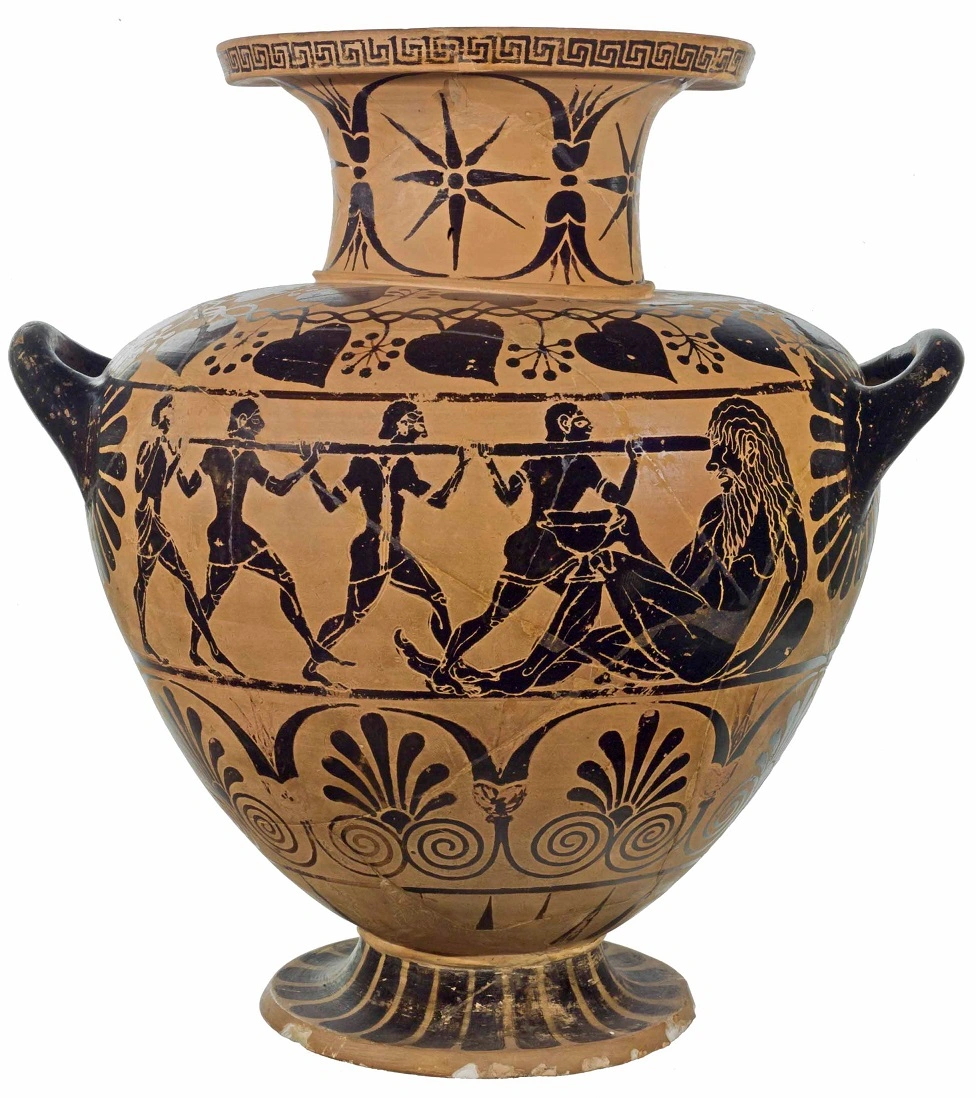 Hydria ceretana a figure nere raffigurante l'accecamento di Polifemo, terracotta policroma, ceramica con decorazione a figure nere, 530 - 520 a.C., proveniente dalla Necropoli della Banditaccia di Cerveteri, Tomba I, a sinistra della Via Diroccata N. 2, Cerveteri, altezza massima 40,5 cm; larghezza massima con anse 39 cm; diametro bocca 22 cm; diametro base 20 cm, ETRU Museo Nazionale etrusco di Villa Giulia, Roma.