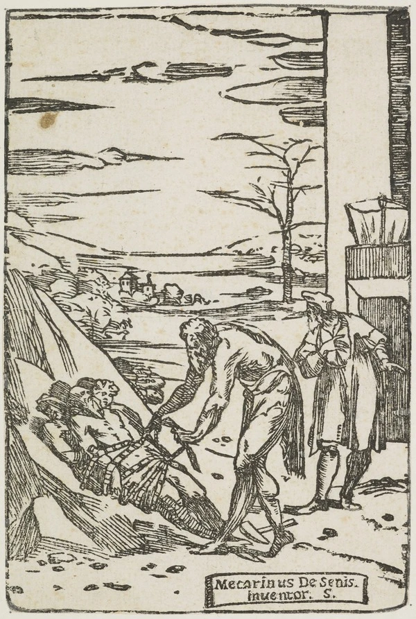 Quarta - unica firmata - delle dieci xilografie del Baccafumi che illustrano il trattato De la pirotechnia di Vannoccio Biringuccio.