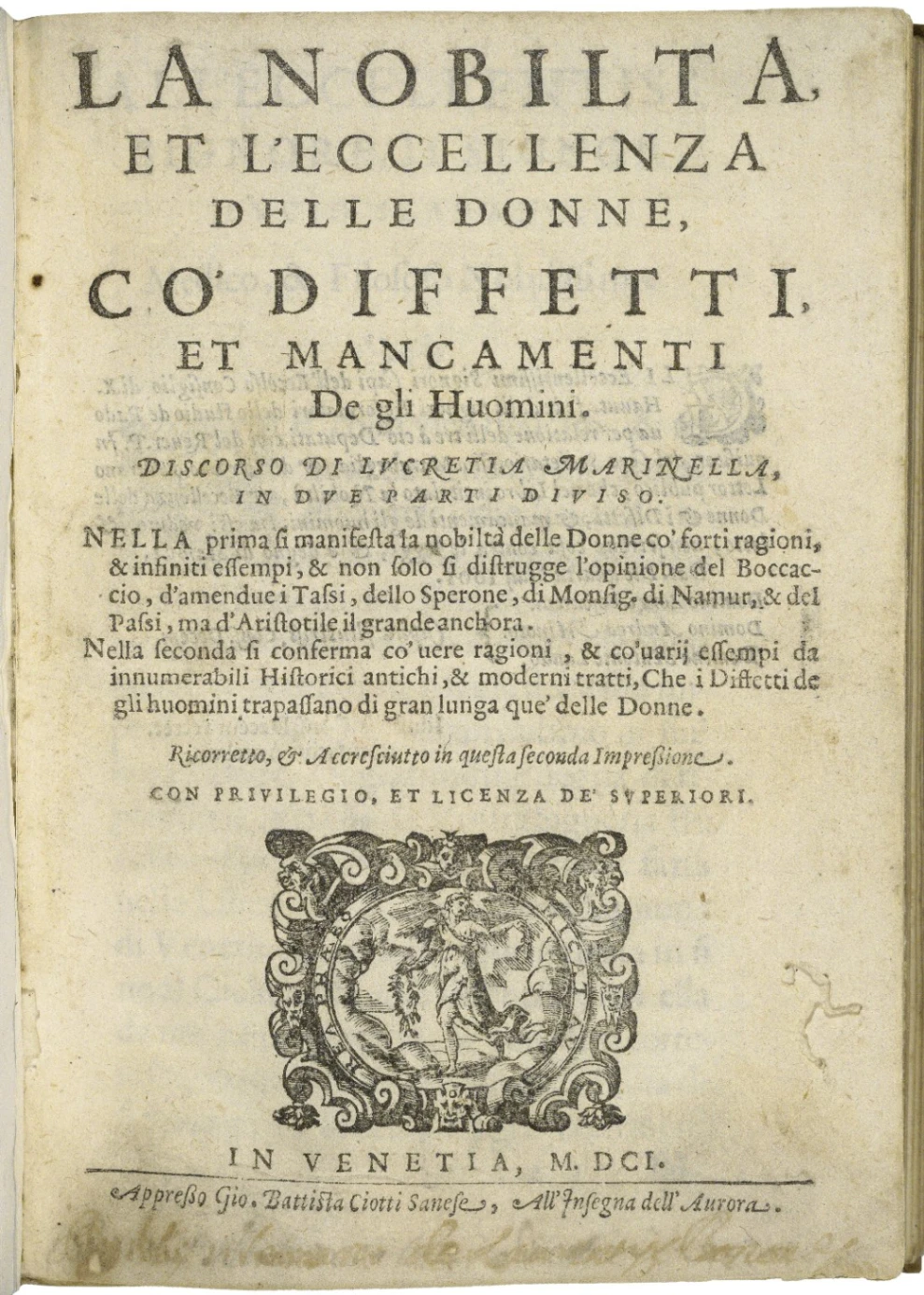 Frontespizio dell'opera di Lucrezia Marinelli dal titolo La nobiltà et l'eccellenza delle donne - co' difetti et mancamenti de gli huomini.