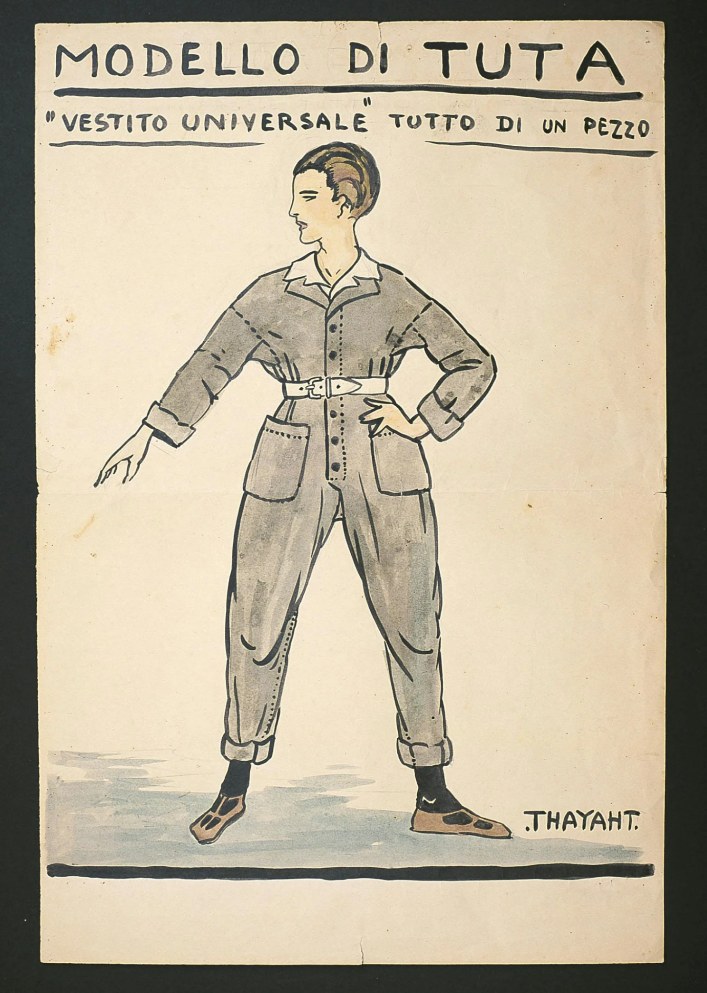Ernesto Michahelles, in arte Thayaht, bozzetto per la TUTA, tempera e inchiostro su carta, 47, 5 x 34 cm, Palazzo Pitti, Museo della Moda e del Costume, Firenze.