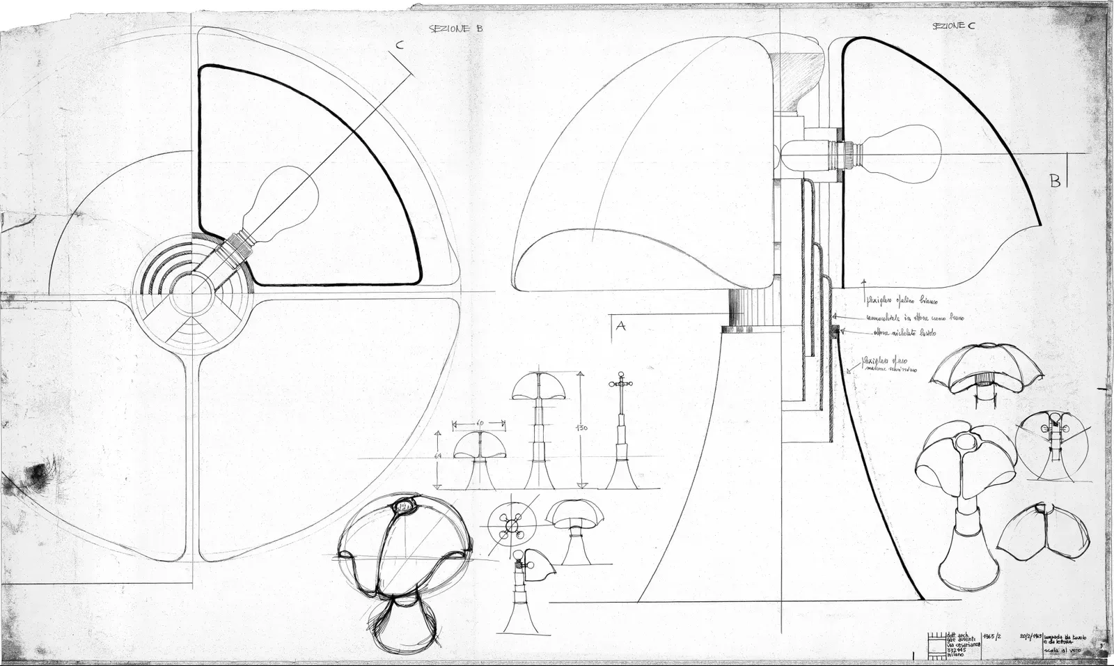 Gae Aulenti, disegno della lampada Pipistrello, 1965. © Martinelli Luce.