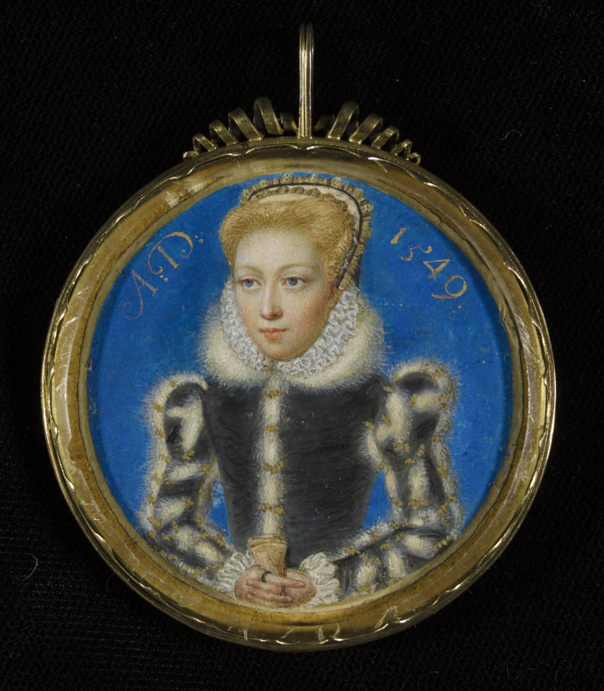 Levina Teerlinc, Ritratto in miniatura di una giovane donna sconosciuta, (un tempo ritenuta raffigurante la regina Elisabetta I da principessa), acquerello su pergamena, su cartoncino, V&amp;A South Kensington.