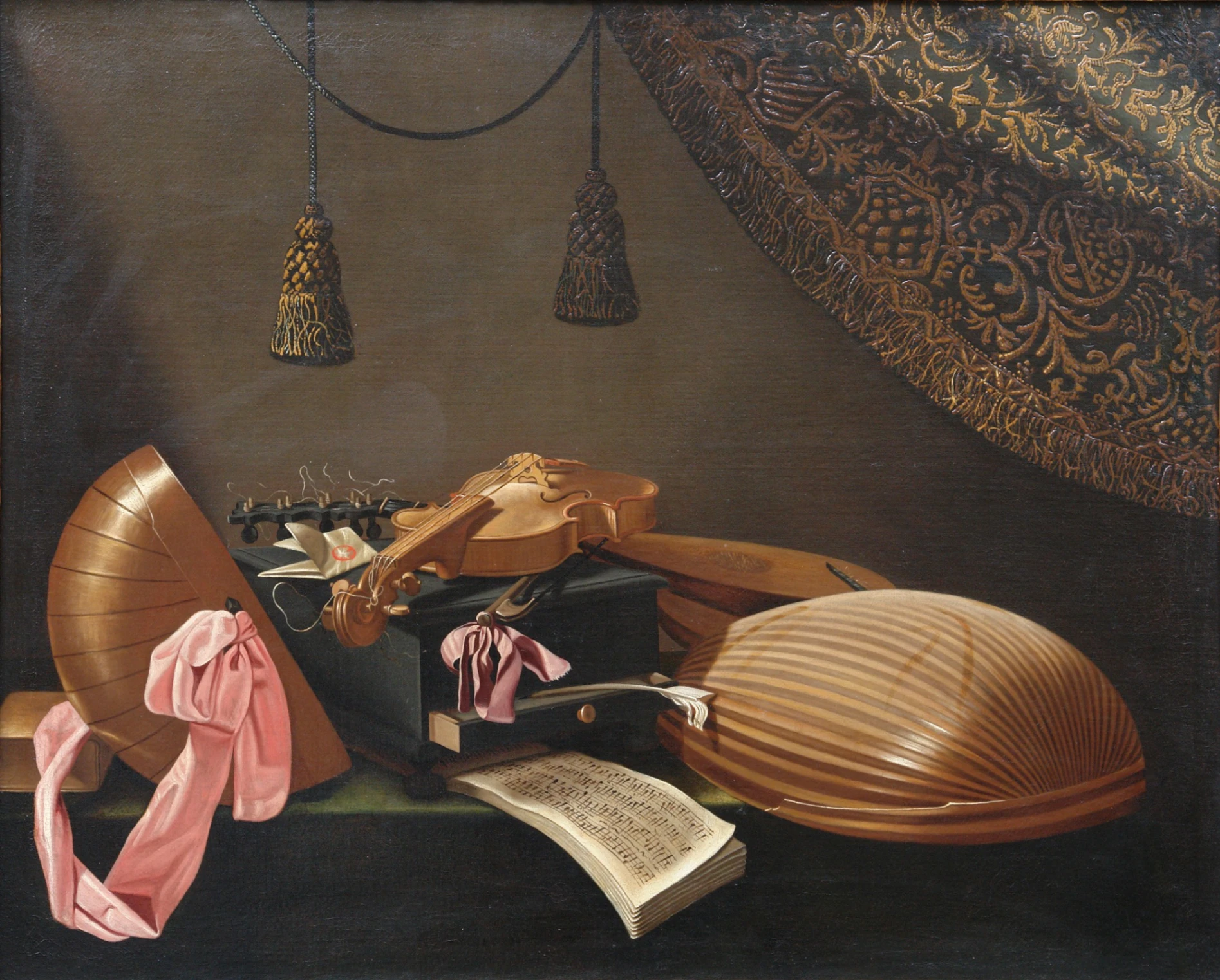 Evaristo Baschenis, Natura morta con strumenti musicali, olio su tela, 85 x 105 cm, collezione privata, già Matteo Salamon.