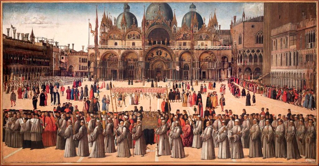 Gentile Bellini, Processione in Piazza San Marco, 1490 circa, olio su tela, 367 x 745 cm, Gallerie dell'Accademia, Venezia.