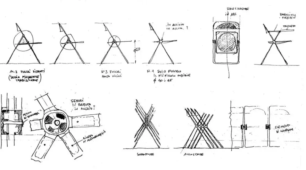 La sedia Plia negli schizzi di Giancarlo Piretti del 1969.