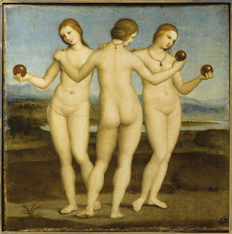 Raffaello Sanzio, Tre Grazie, 1503-1504, olio su tavola, 17 x 17 cm, Museo Condé, Chantilly.