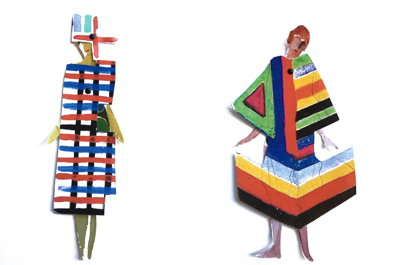 Due esempi di bozzetti di abiti simultanei di Sonia Delaunay.