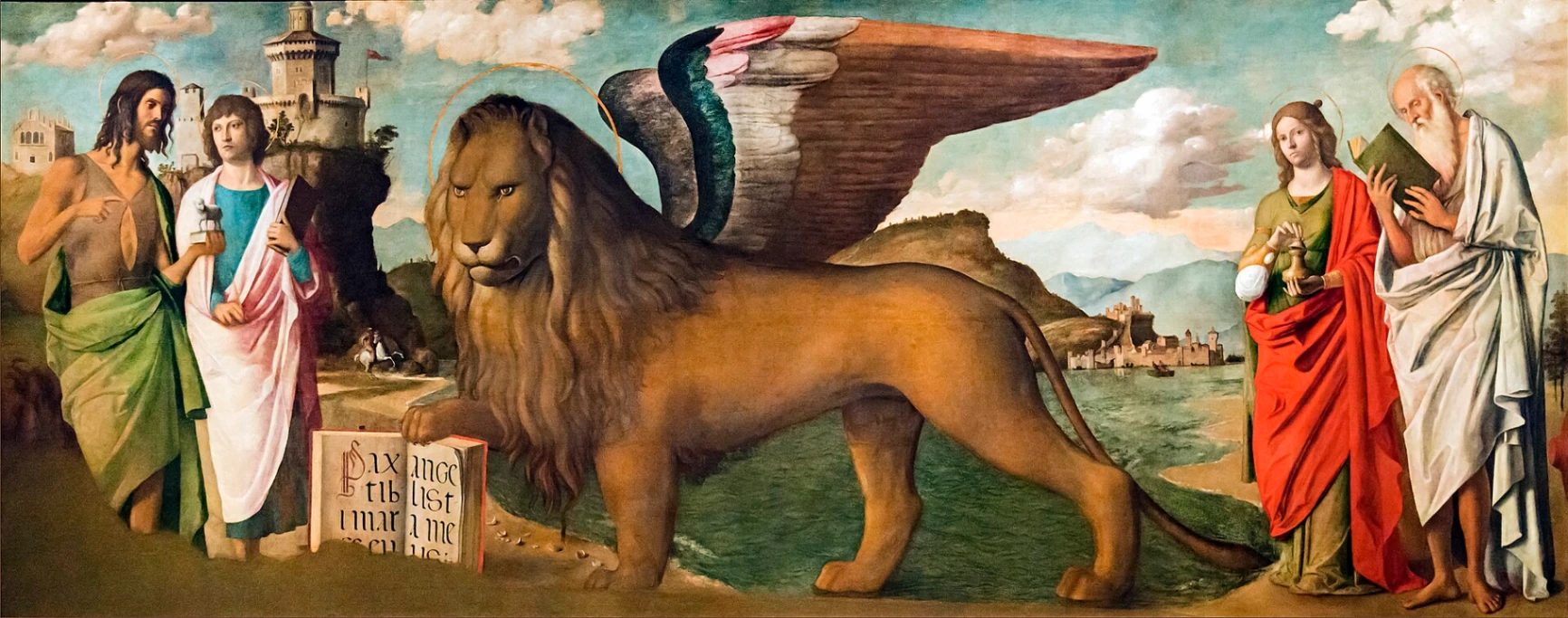 Cima da Conegliano, Leone di san Marco tra san Giovanni Battista con san Giovanni Evangelista e Maria Maddalena con san Girolamo, 1506-1508, olio su tavola, 207 × 510,4 cm, Gallerie dell'Accademia, Venezia.