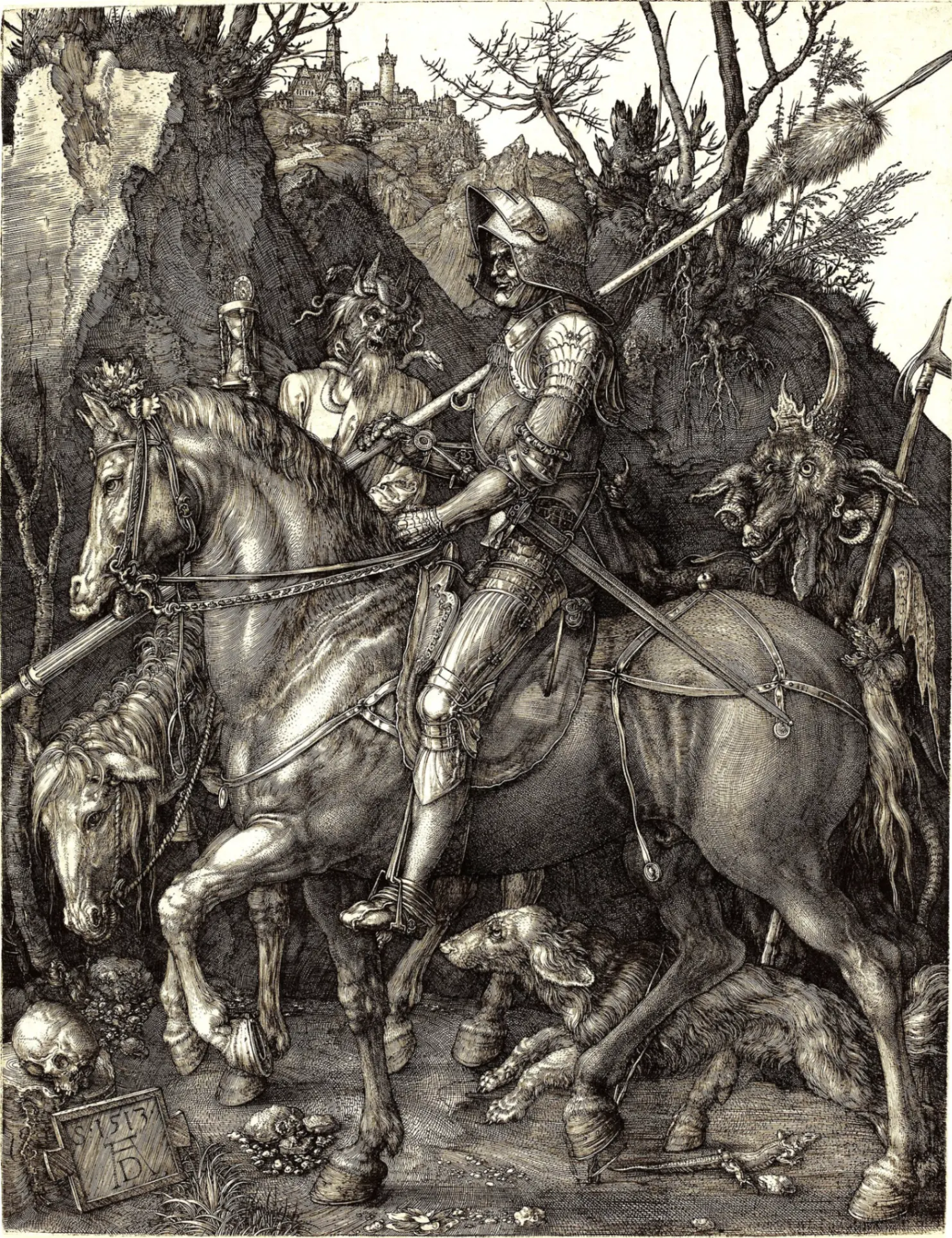 Albrecht Dürer, Il Cavaliere, la Morte e il Diavolo, 1513, incisione a bulino su lastra di rame, 15 × 10 cm, Staatliche Kunsthalle, Karlsruhe.
