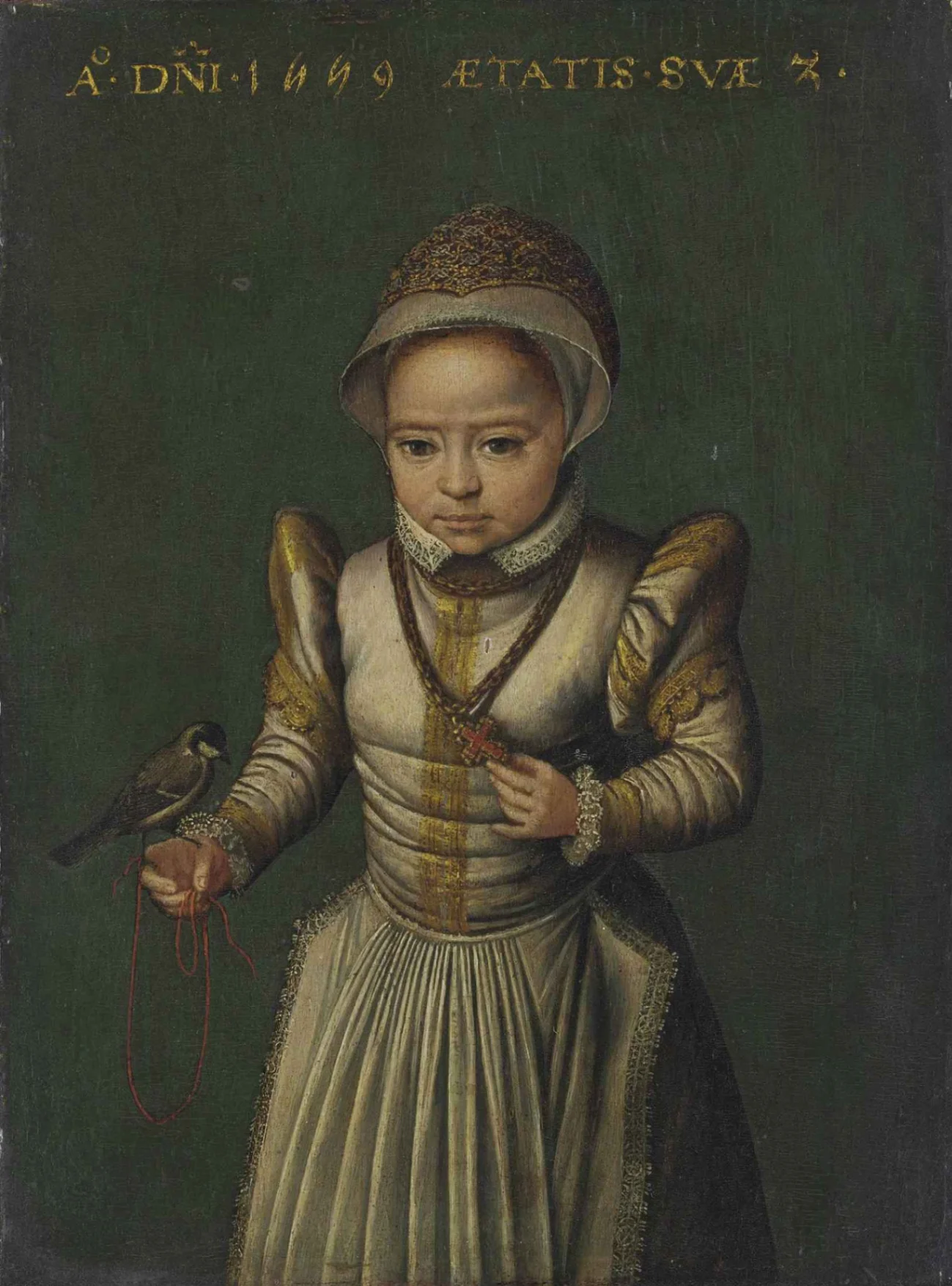 Catarina van Hemessen (attribuito), Ritratto di bambina in abito bianco ricamato con in mano una cinciallegra, 1559, olio su tavola, 19,7 x 14,6 cm, collezione privata.