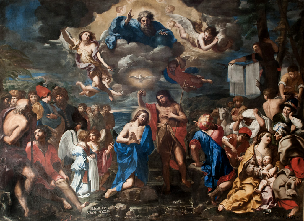 Elisabetta Sirani, Battesimo di Cristo, 1658, olio su tela, 450 × 350 cm, Chiesa di San Girolamo della Certosa, Bologna.