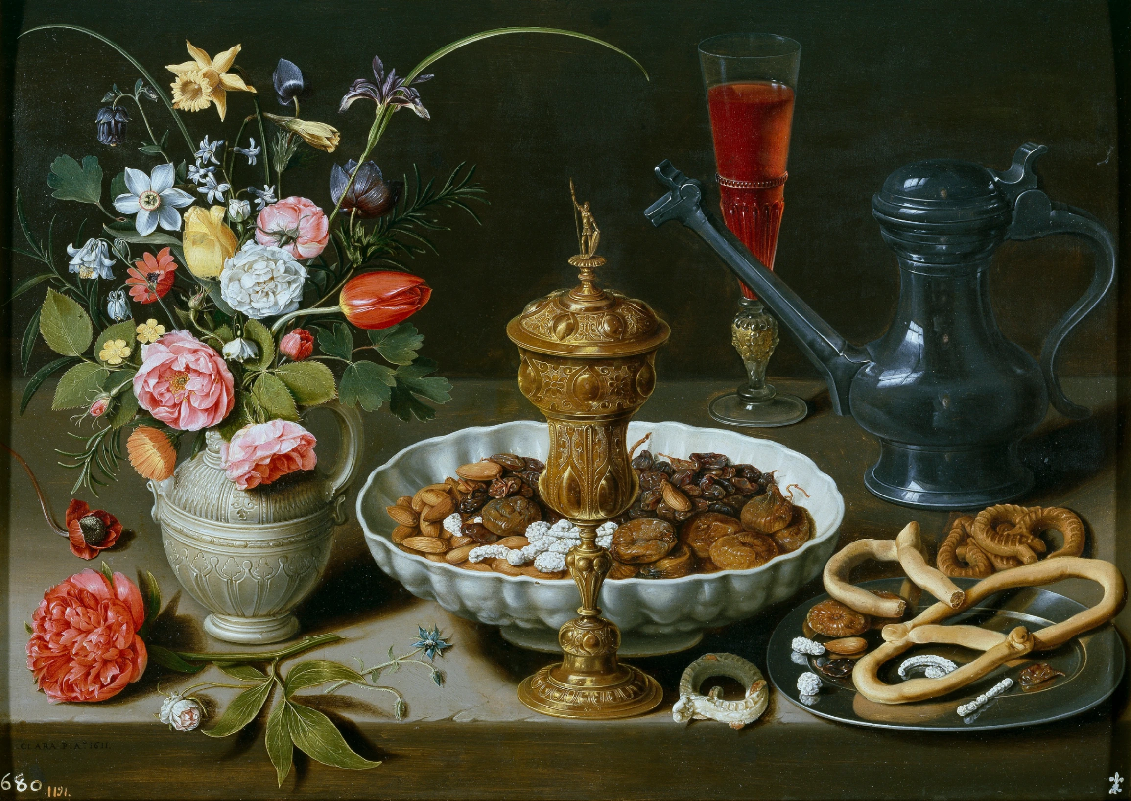 Clara Peeters, Natura morta con fiori, calice e prelibatezze, 1611, olio su tavola, 52 x 73 cm, Museo del Prado, Madrid.