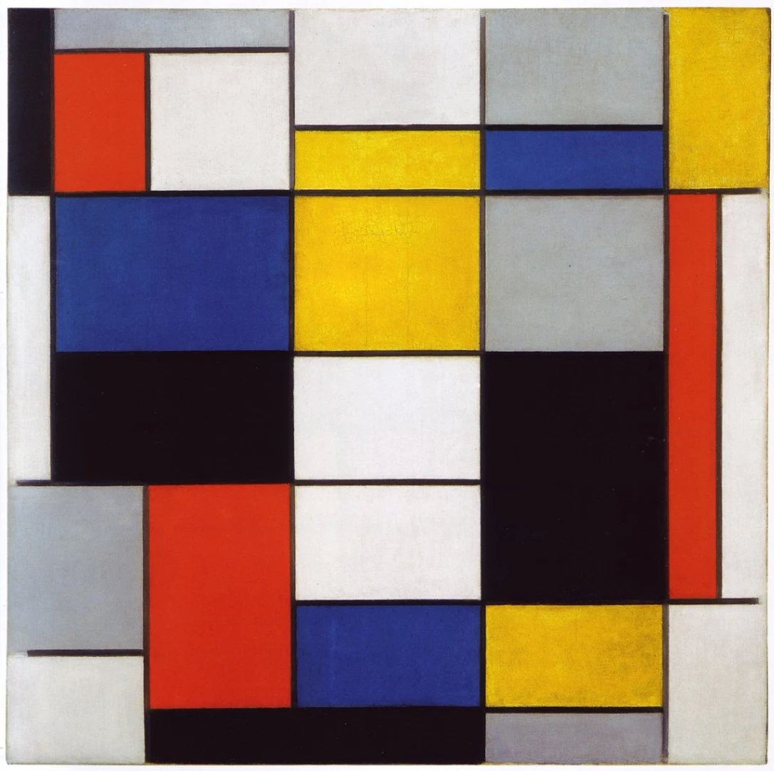 Piet Mondrian, Grande composizione A con nero, rosso, grigio, giallo e blu, 1920, olio su tela, 90 x 91 cm, Galleria Nazionale d'Arte Moderna e Contemporanea, Roma.