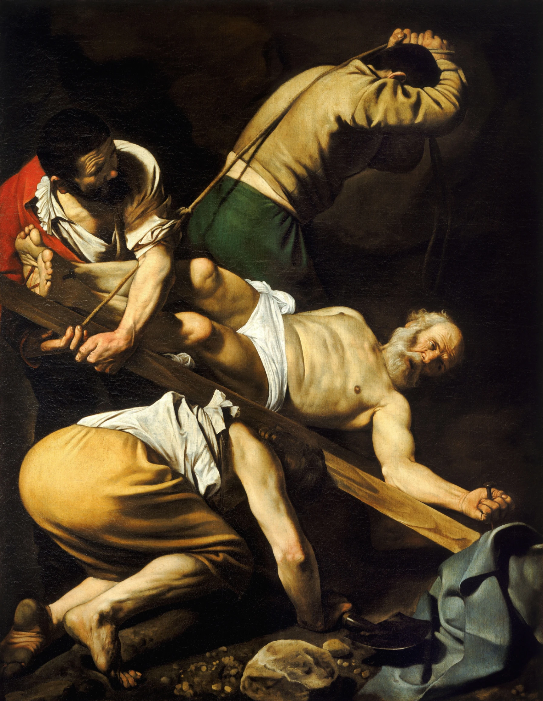 Michelangelo Merisi detto Caravaggio, Crocifissione di San Pietro, 1600-1601, olio su tela 230 × 175 cm, Basilica di Santa Maria del Popolo, Cappella Cerasi, Roma.
