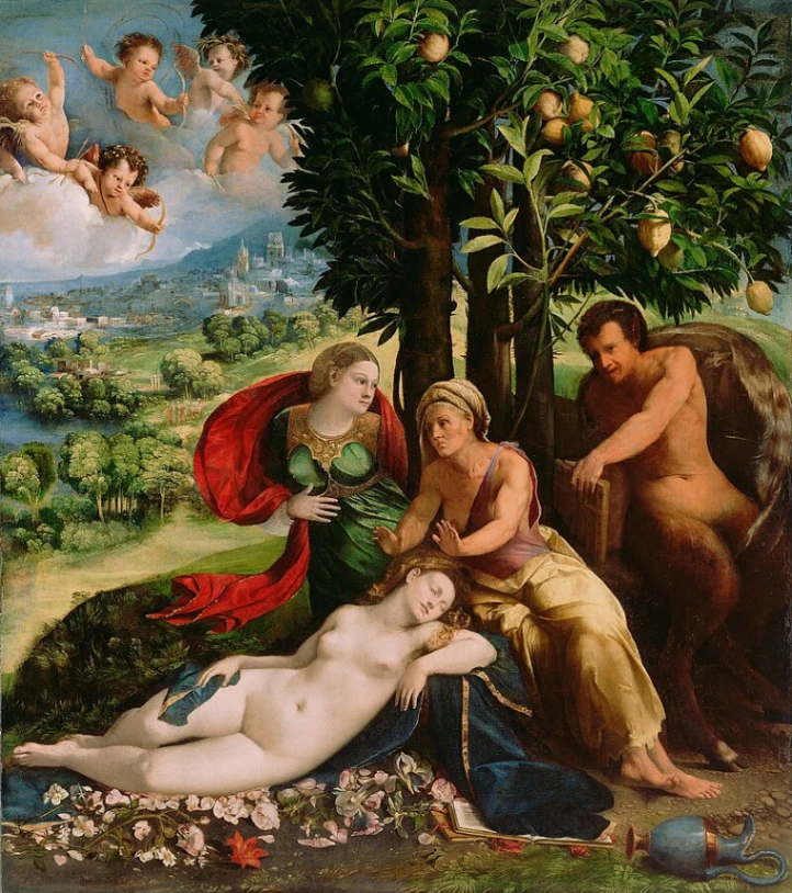 Dosso Dossi, Pan e la Ninfa, 1524 circa, olio su tela, 163,83×145,42 cm, Getty Museum, Los Angeles.