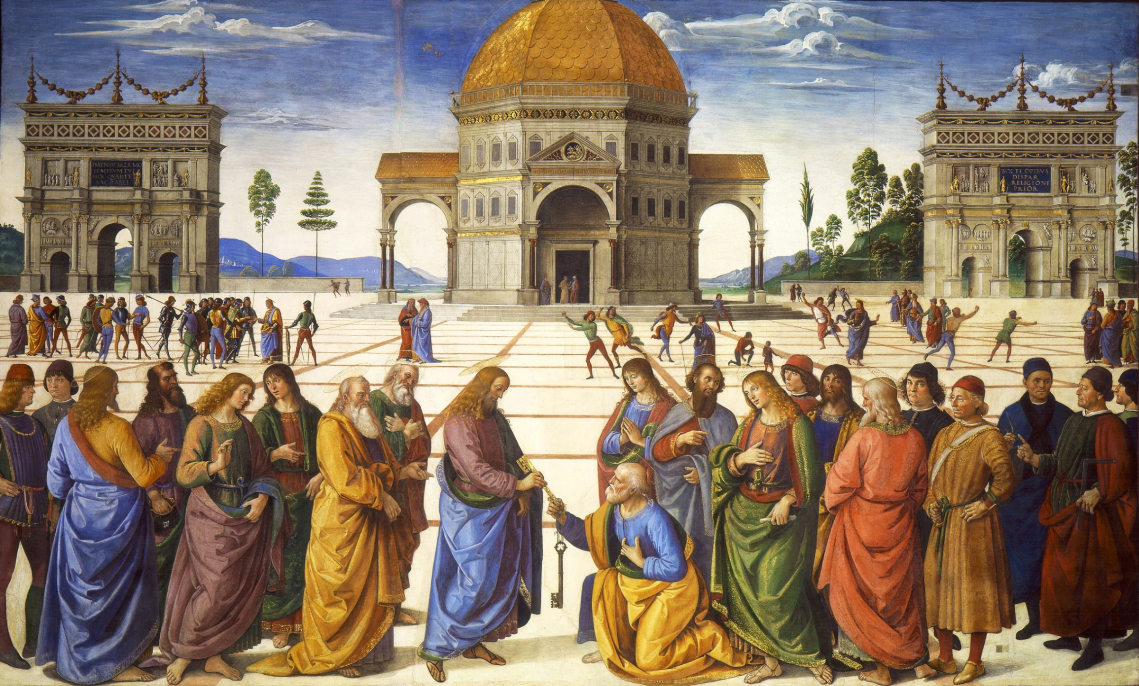 Perugino e aiuti, Consegna delle chiavi, 1481-1482 circa, affresco, 340 × 550 cm, Cappella Sistina, Città del Vaticano.