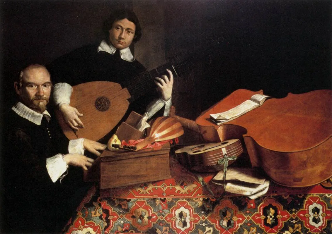 Evaristo Baschenis, tela di sinistra del Trittico Agliardi, 1664-1666 circa, olio su tela, 115 x 163 cm, collezione privata. La tela mostra l'autoritratto del pittore intento a suonare il liuto, insieme a Ottavio Agliardi, colto mentre suona l'arciliuto.