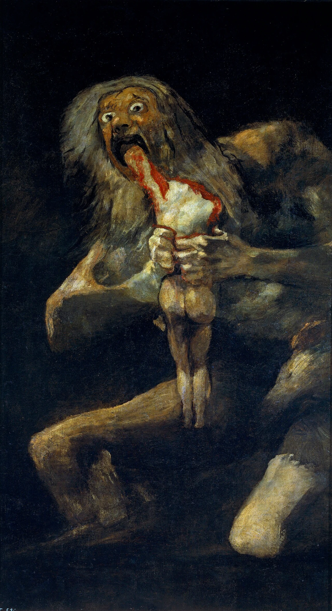 Francisco Goya, Saturno divora i suoi figli, 1820-1823, olio su intonaco trasportato su tela, 143,5×81,4 cm, Museo del Prado, Madrid.