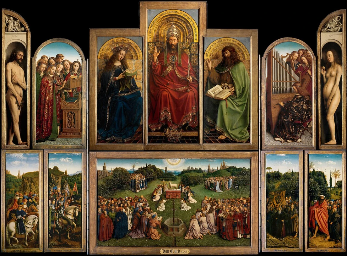 Jan van Eyck e Hubert van Eyck, Polittico dell'Agnello Mistico o Polittico di Gand, 1426-1432, olio su tavola, 258 × 375 cm, Cattedrale di San Bavone, Gand.