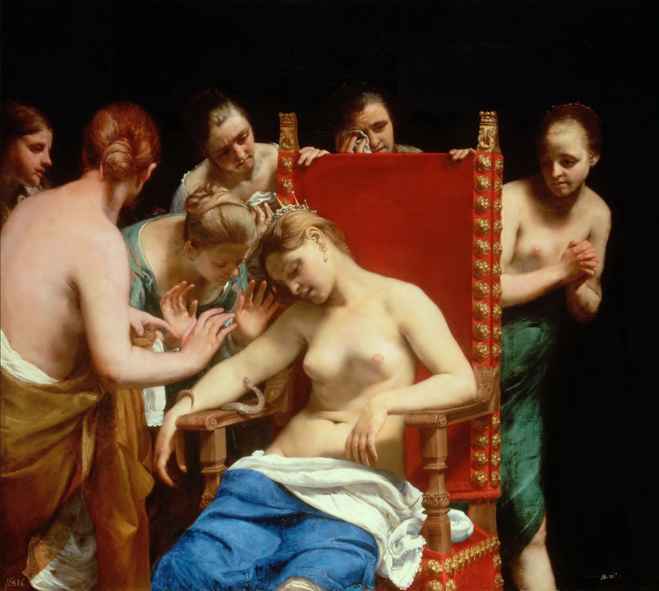 Guido Cagnacci, Il Suicidio di Cleopatra, dopo il 1659 circa, olio su tela, 153 × 168.5 cm, Gemäldegalerie, Vienna.