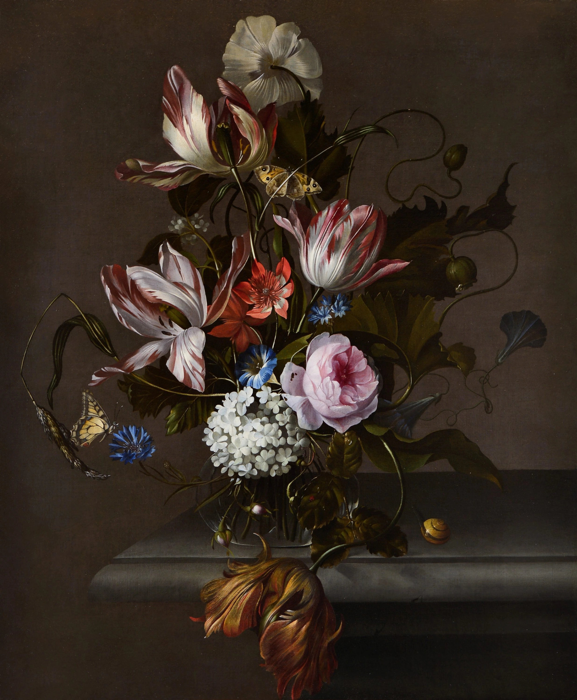 Anna Ruysch, Natura morta con fiori in un vaso di vetro su un ripiano di pietra, 1690 circa, olio su tela, Krannert Art Museum, Università dell'Illinois a Urbana-Champaign.