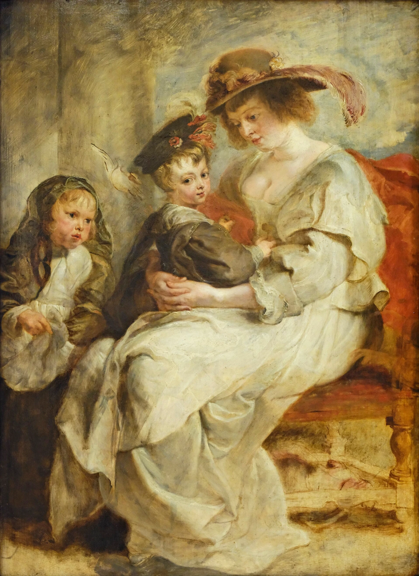Peter Paul Rubens, Ritratto di Hélène Fourment con due dei suoi figli, tra il 1635 e il 1636, olio su tavola, 115 x 85 cm, Museo del Louvre, Parigi.