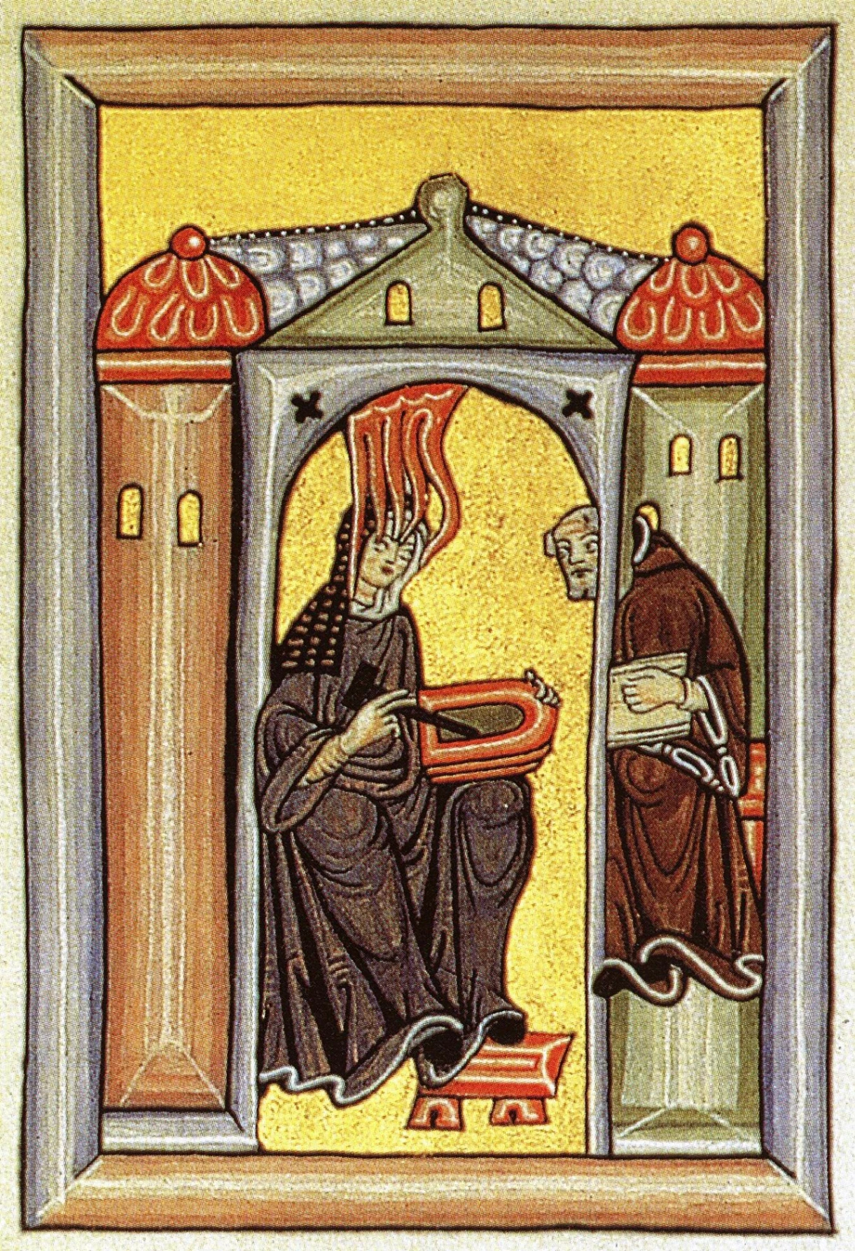 Hildegarda von Bingen riceve un'ispirazione divina e la trasmette al suo amanuense, miniatura tratta dal Codice di Rupertsberg del Liber Scivias.