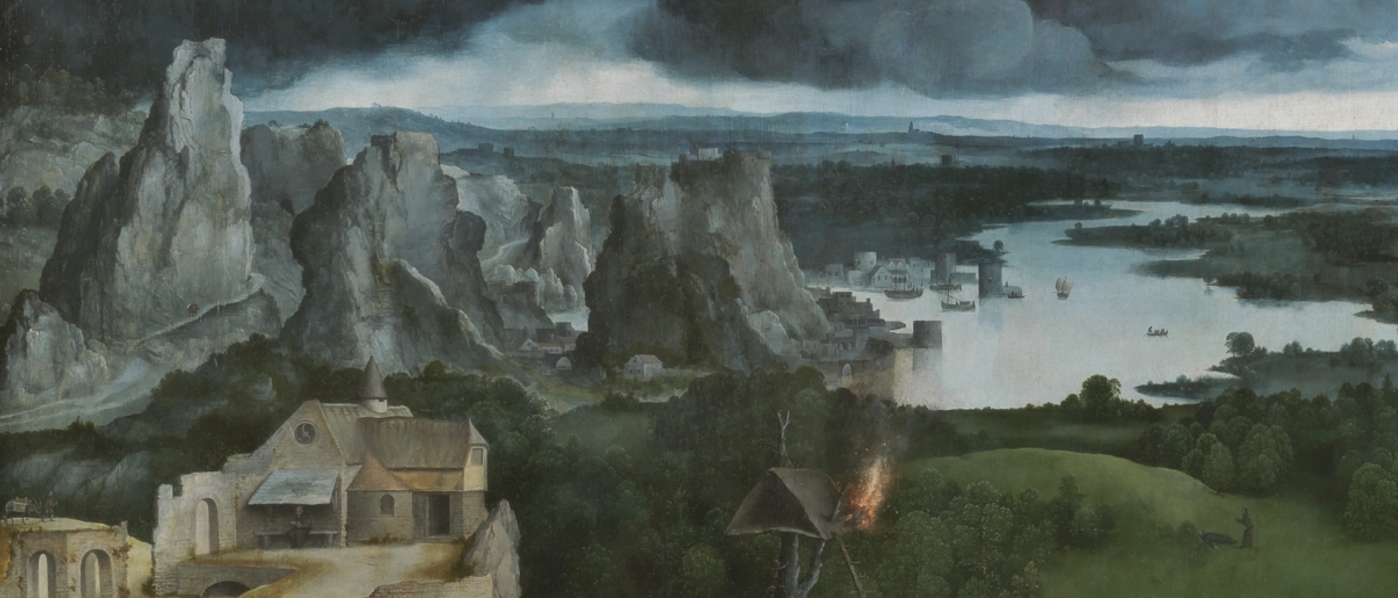 Dettaglio del paesaggio eseguito da Patinir ne Le Tentazioni di Sant'Antonio, 1520-1524, olio su tela, 155 x 173 cm, Museo del Prado, Madrid.