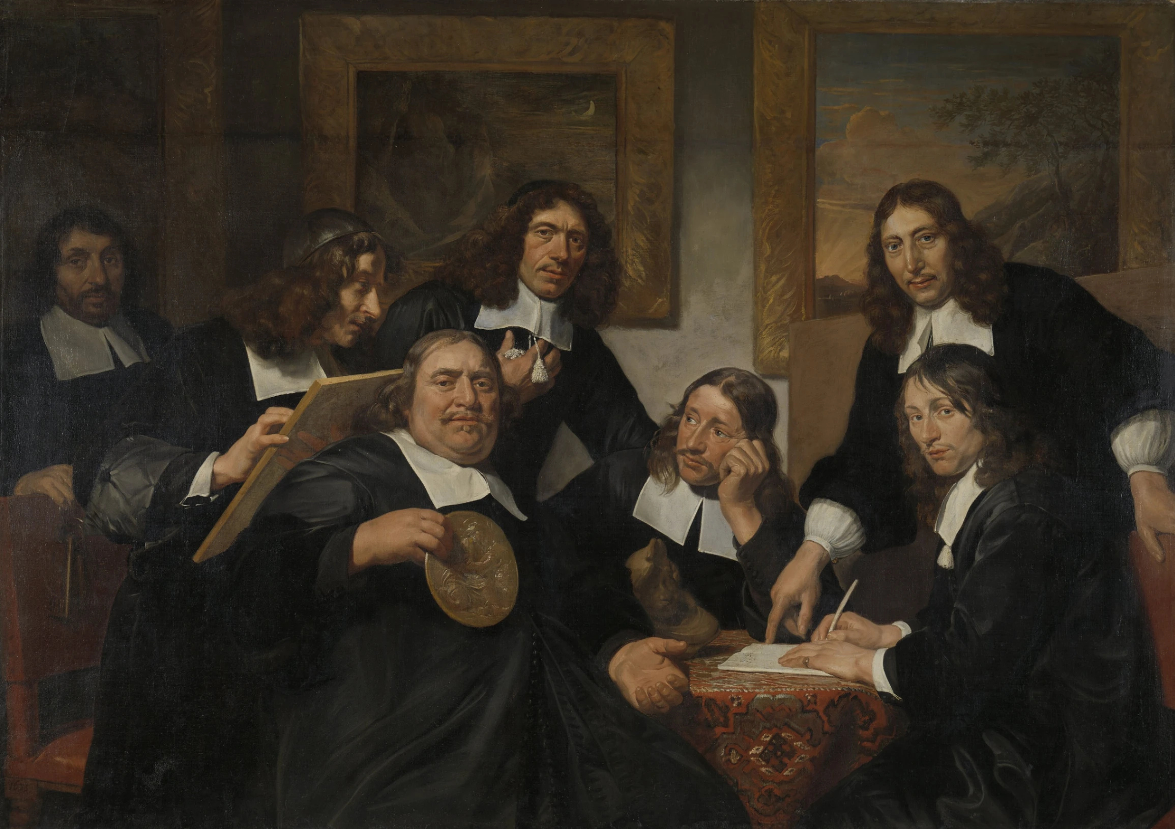Jan de Bray, I membri del consiglio della Corporazione di San Luca, 1675, olio su tela, 130 x 184 cm, Rijksmuseum, Amsterdam. Nel secondo personaggio da sinistra riconosciamo l'autoritratto del pittore, mentre suo fratello Dirck de Bray è l'uomo in piedi in alto a destra.