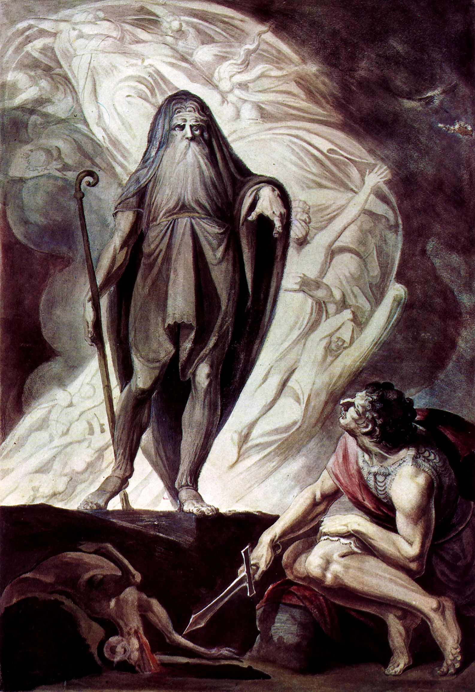 Johann Heinrich Füssli, Tiresia appare a Ulisse durante il sacrificio, 1780-1785 circa, acquerello e tempera su cartone, 91,4 x 62,8 cm, Albertina, Vienna.