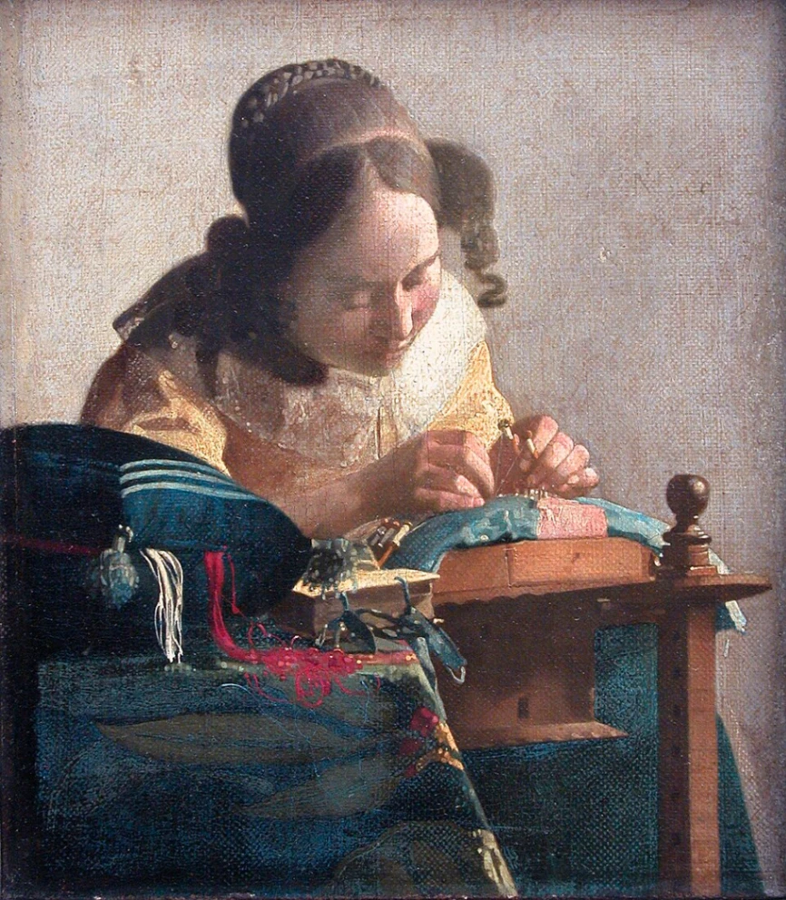 Jan Vermeer, La Merlettaia, 1669-1670 circa, olio su tela riportata su tavola, 23,9 × 20,5 cm, Museo del Louvre, Parigi.