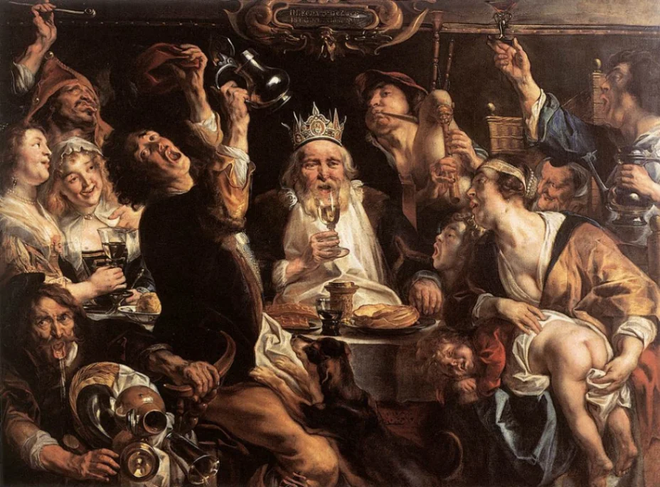 Jacob Jordaens, Il Re Beve, 1640, olio su tavola, 156 cm x 210 cm, Museo Reale delle Belle Arti del Belgio.