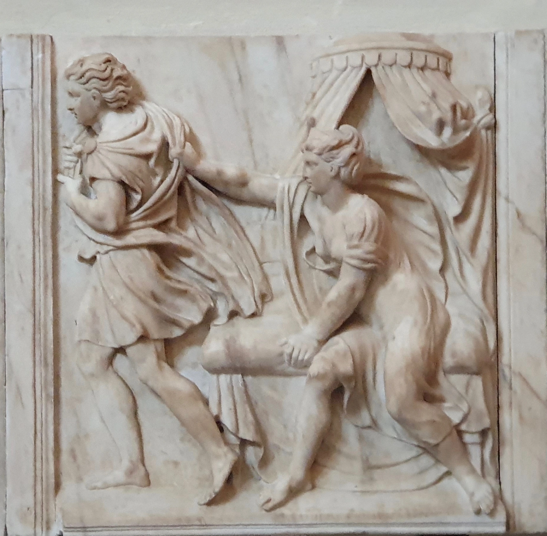 Properzia de' Rossi, Giuseppe e la moglie di Putifarre, 1526, marmo, 53 × 54 cm, Museo diocesano di San Petronio, Bologna.