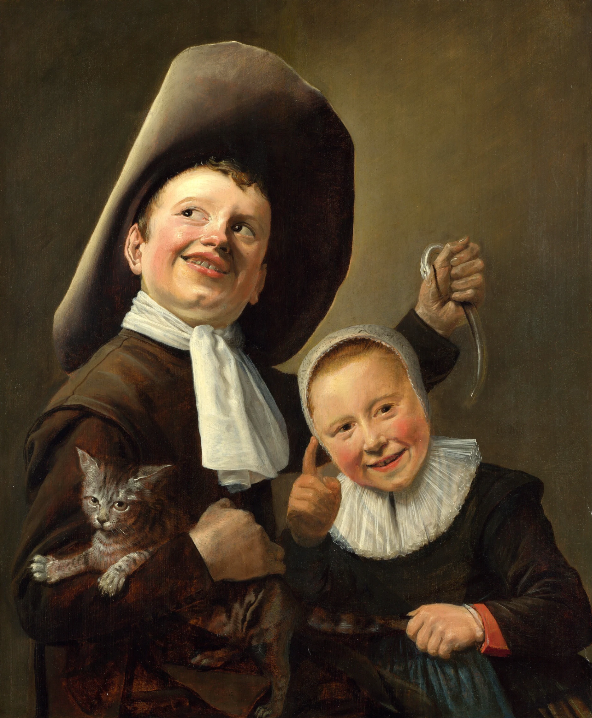 Judith Leyster, Un ragazzo e una ragazza con un gatto e un'anguilla, 1635, olio su tela, 60 × 49 cm, National Gallery, London.