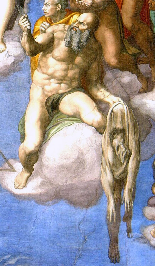 Michelangelo Buonarroti, San Bartolomeo, dettaglio del Giudizio Universale, affresco,1536-1541, affresco, 1370 × 1200 cm, Cappella Sistina, Città del Vaticano.