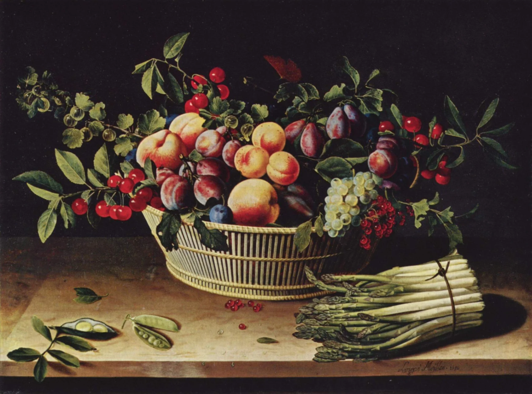 Louise Moillon, Natura morta con cesto di frutta e mazzo di asparagi, 1630, olio su tavola, 53,3 x 71,3 cm, Art Institute of Chicago.