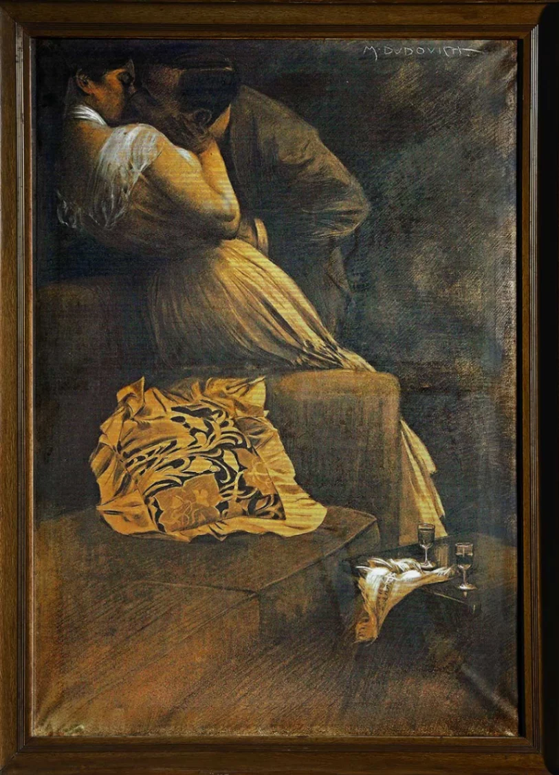 Marcello Dudovich, bozzetto de Il Bacio, per Bitter-Campari, 1901, carboncino e pastello su carta, Archivio Galleria Campari.