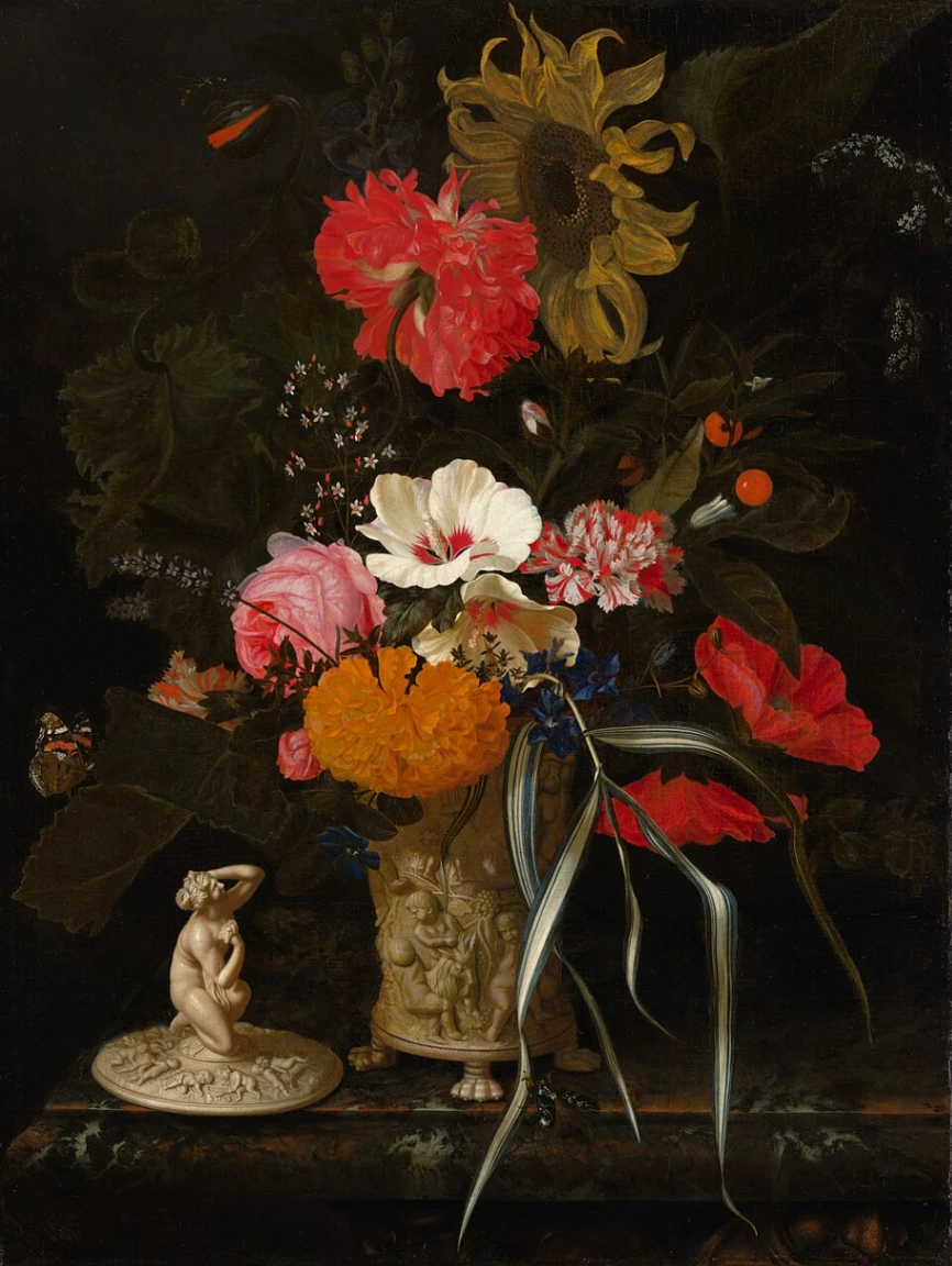 Maria van Oosterwijck, Fiori in un vaso ornamentale, 1670-1675 circa, olio su tela, 62 x 47,5 cm, Mauritshuis, The Hague.