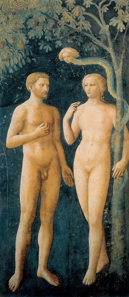 Masolino, Tentazione di Adamo ed Eva, 1424-1425, affresco, 260 × 88 cm, Chiesa di Santa Maria del Carmine, Firenze.
