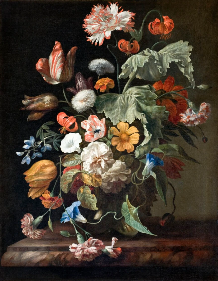 Rachel Ruysch, Natura morta di fiori, 1665 circa, olio su tela, 75 x 55,8 cm, Hallwyl Museum, Stoccolma.