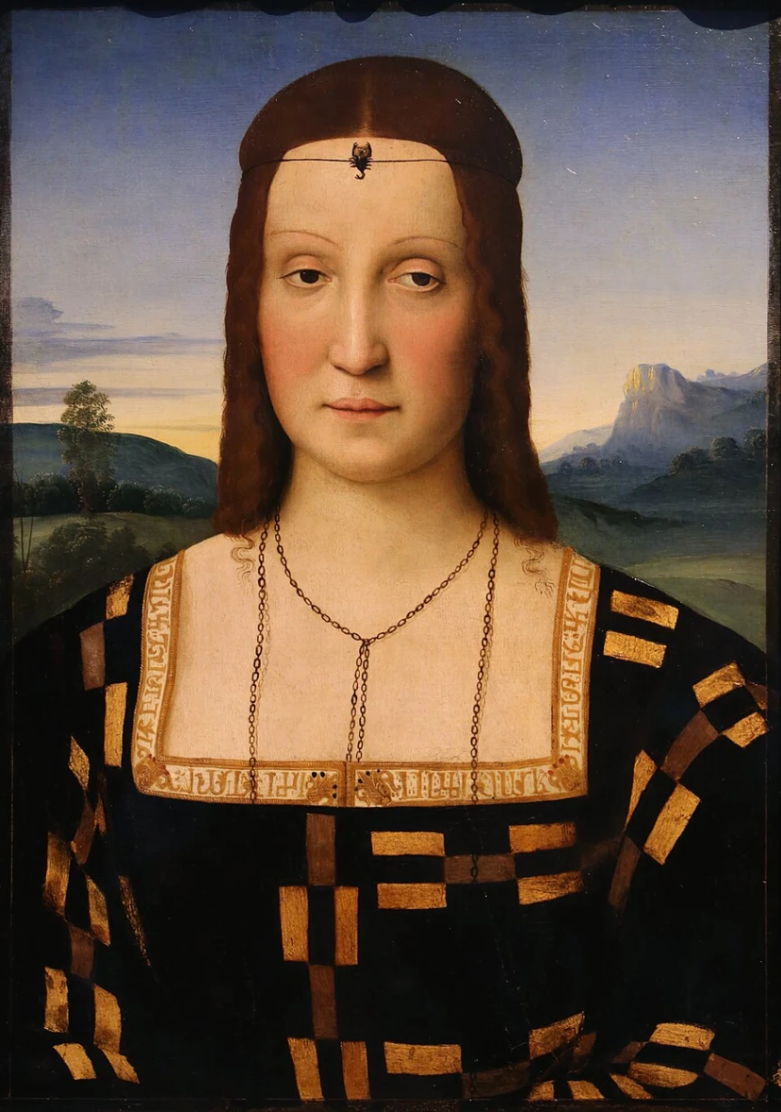 Raffaello Sanzio, Ritratto di Elisabetta Gonzaga, 1504-1505 circa, olio su tavola, 52,5×37,3 cm, Galleria degli Uffizi, Firenze.