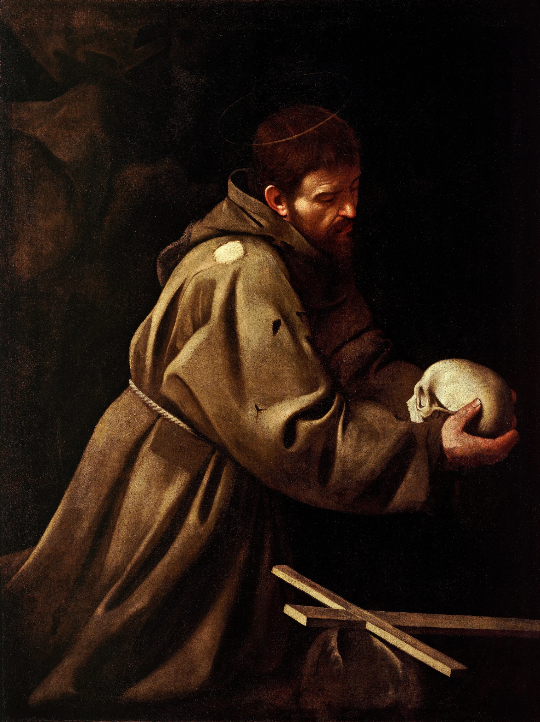 Michelangelo Merisi detto Caravaggio, San Francesco in meditazione, 1605, olio su tela, 128 × 97 cm, Galleria Nazionale d'Arte Antica, Roma.