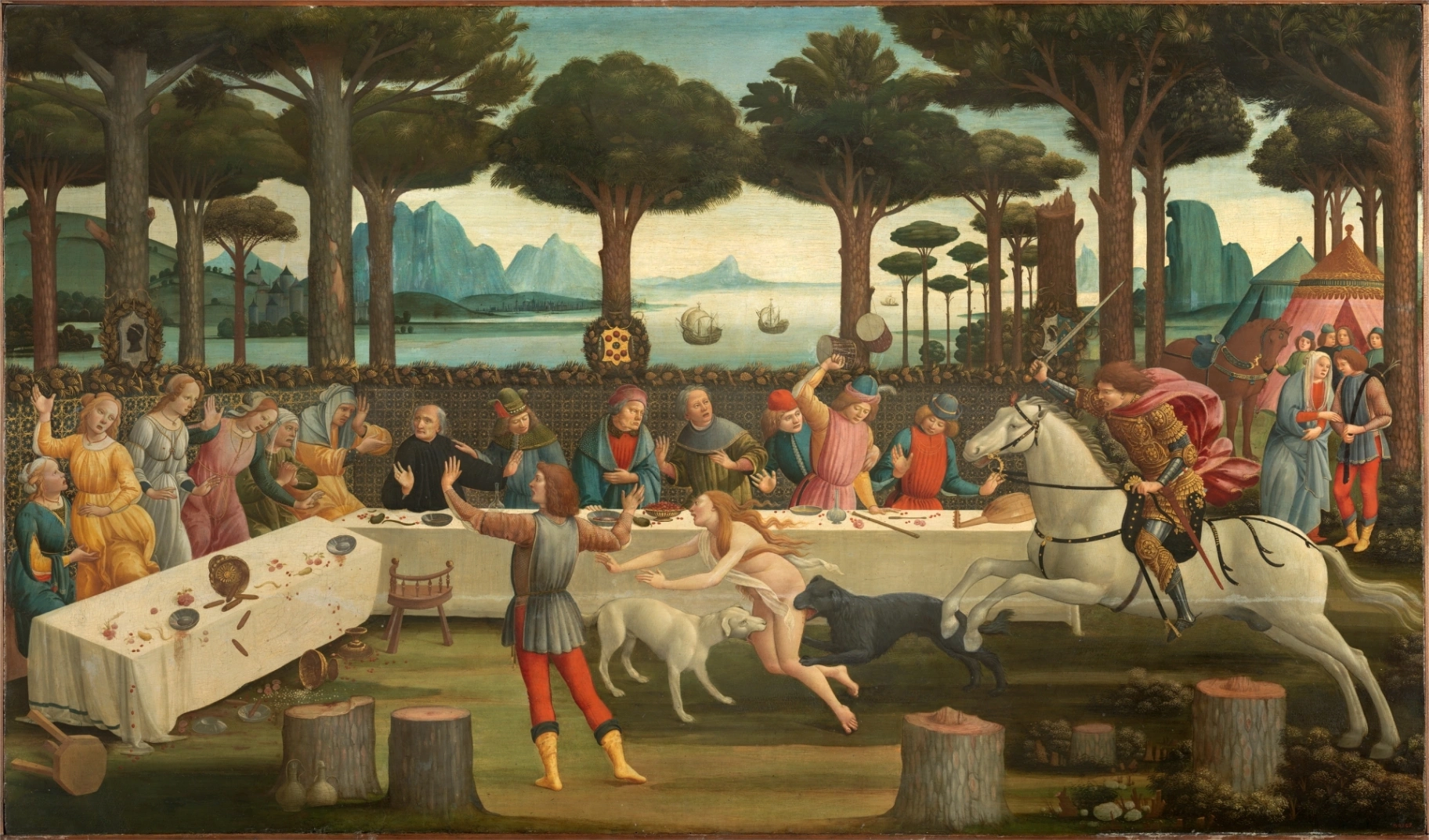 Sandro Botticelli, terzo pannello per il cassone con le Storie di Nastagio degli Onesti, 1483, tempera su tavola, 83×142 cm, Museo del Prado, Madrid.