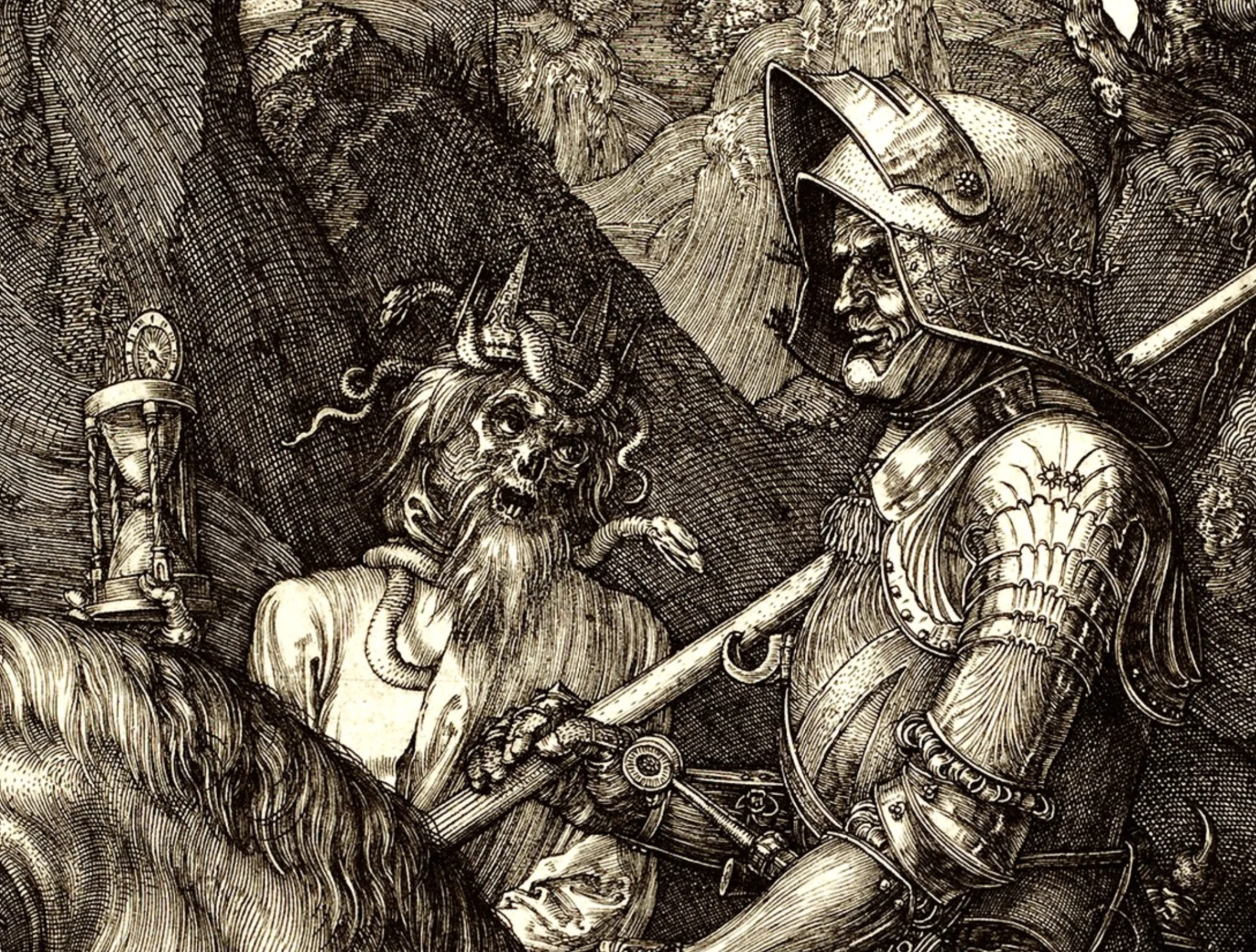 Dettaglio del cavaliere, che procede fiero, concentrato e impassibile, nonostante la morte cerchi di intimorirlo.