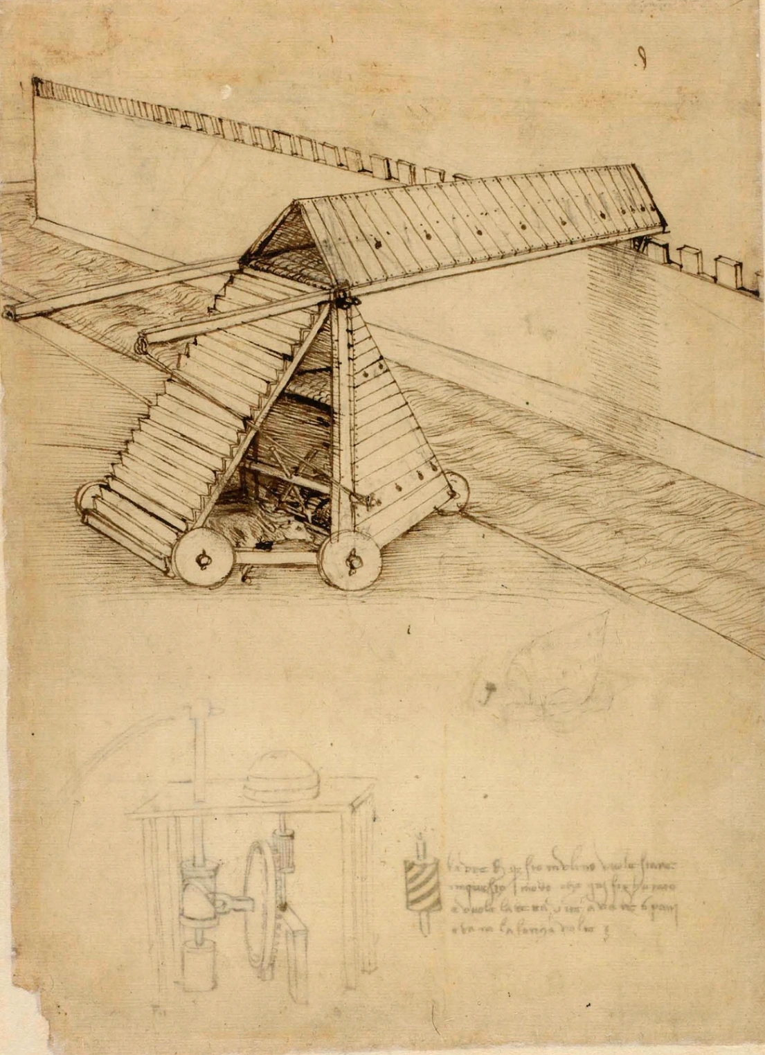 Leonardo da Vinci, Macchine ossidanti per la difesa delle mura e Bombardiere, Codice Atlantico, folio 1084r, Veneranda Biblioteca Ambrosiana, Milano. © Ambrosiana
