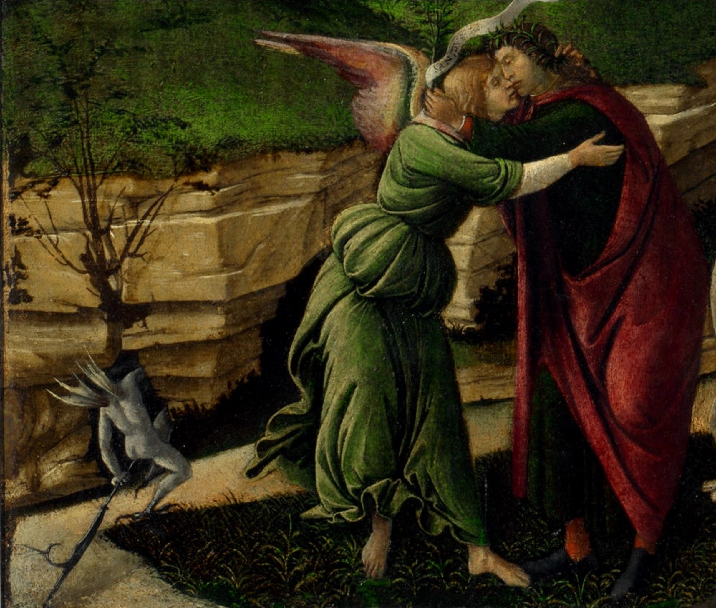 Sandro Botticelli, Natività mistica, 1501, tempera su tela, 108,5×75 cm, National Gallery, Londra. Dettaglio dell'ultima fascia del dipinto, che ospita gruppi di coppie che si baciano e abbracciano e piccoli diavoli.