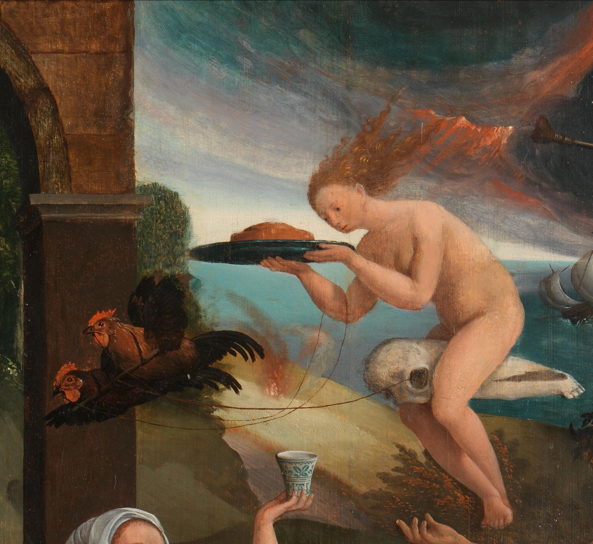 Jacob Cornelisz van Oostsanen, Saul e la Strega di Endor, 1526, olio su tavola, 85.5 cm x 122.8 cm, Rijksmuseum, Amsterdam. Dettaglio di una strega a cavalcioni sul teschio di un animale.